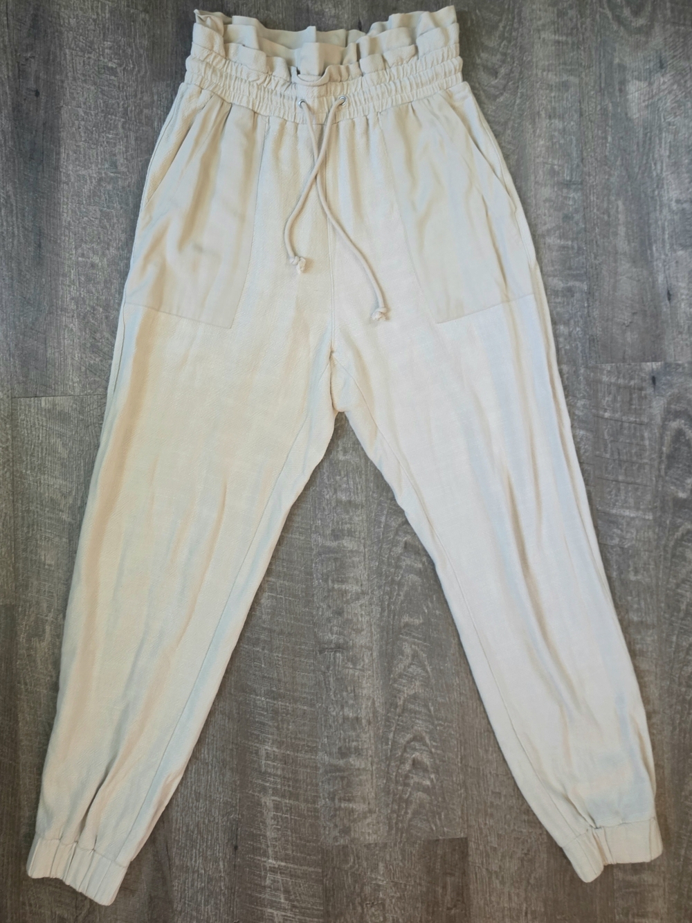 Blank NYC Paperbag Waist Linen Blend Joggers Women's S Tan Ruffled Drawstring - Picture 3 of 13